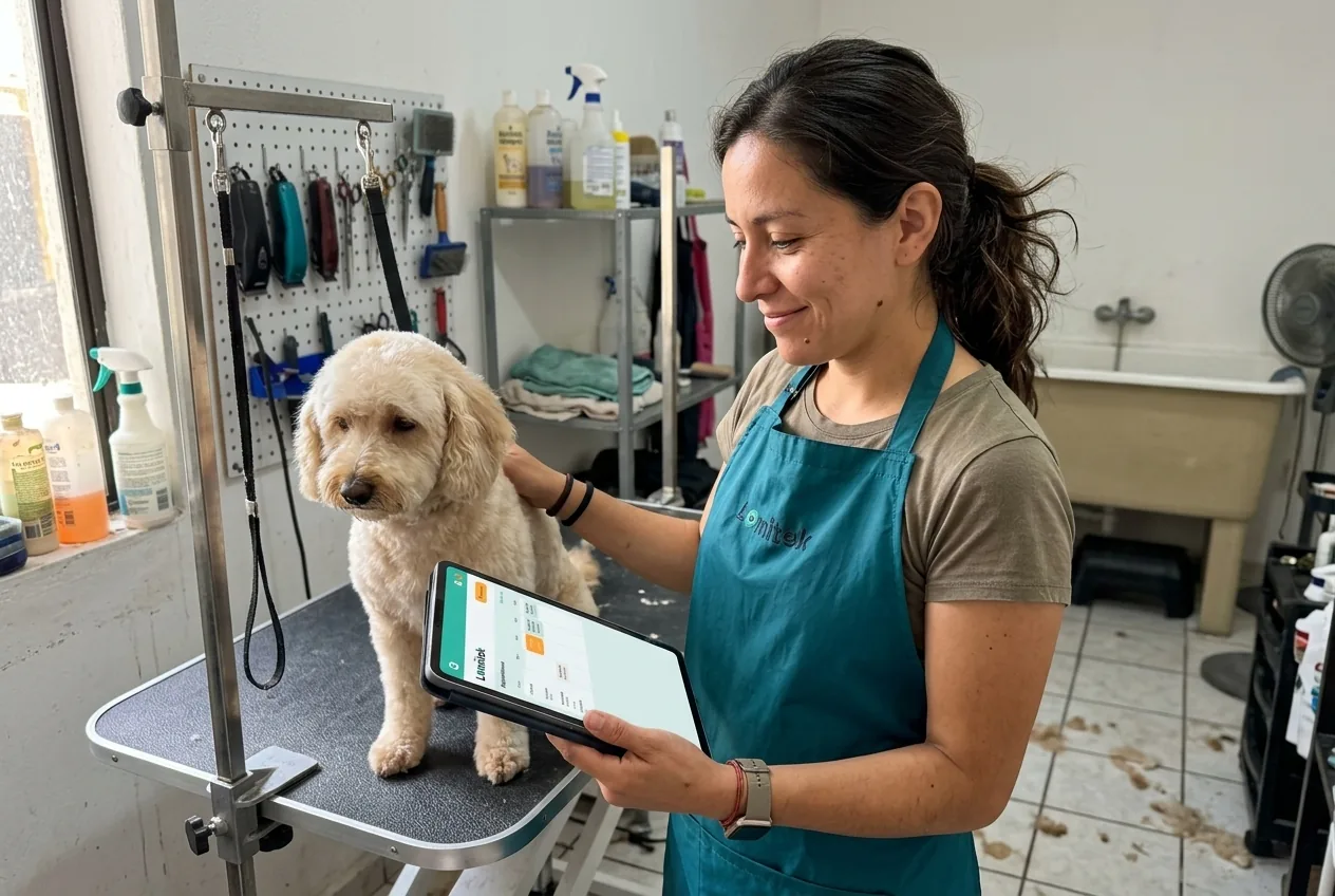 Groomer revisando la agenda de Lomitek en una tablet junto a un perro en la mesa de estética